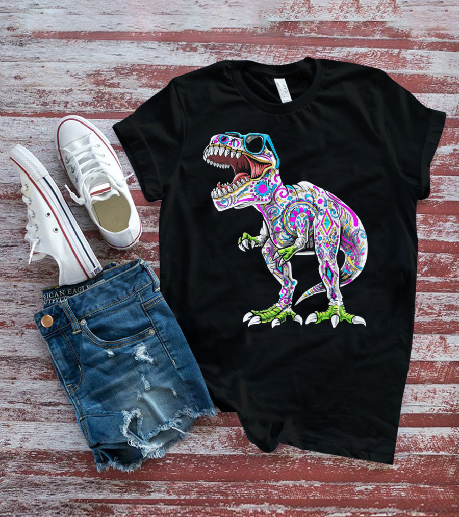 Day Of The Dead Dia De Los Muertos T-Rex Dinosaur With Sunglasses T-Shirt