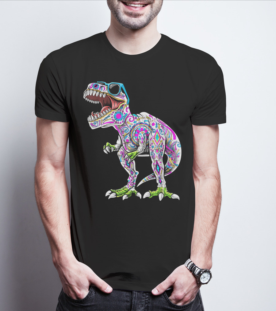 Day Of The Dead Dia De Los Muertos T-Rex Dinosaur With Sunglasses T-Shirt