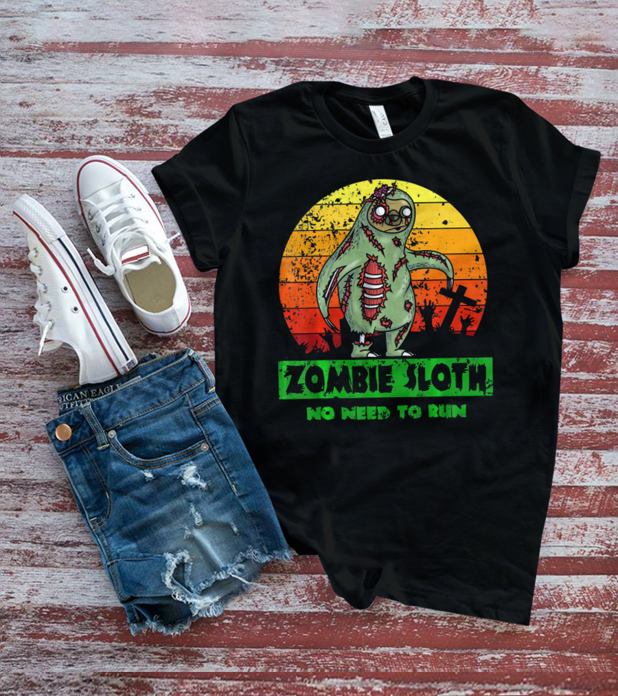 Zombie Sloth No Need To Run Sunset Cemetery Background T-Shirt