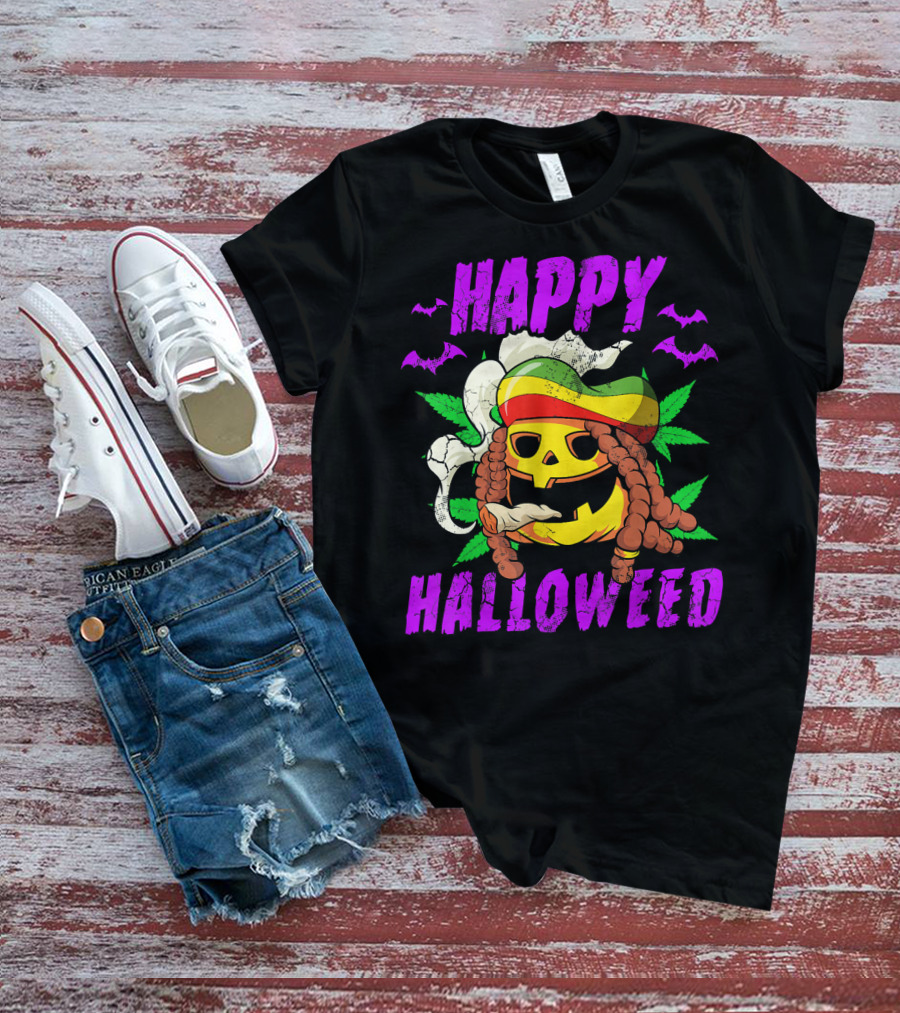 Happy Halloweed Rasta Pumpkin Smoking Weed With Bats And Jamaican Colors T-Shirt
