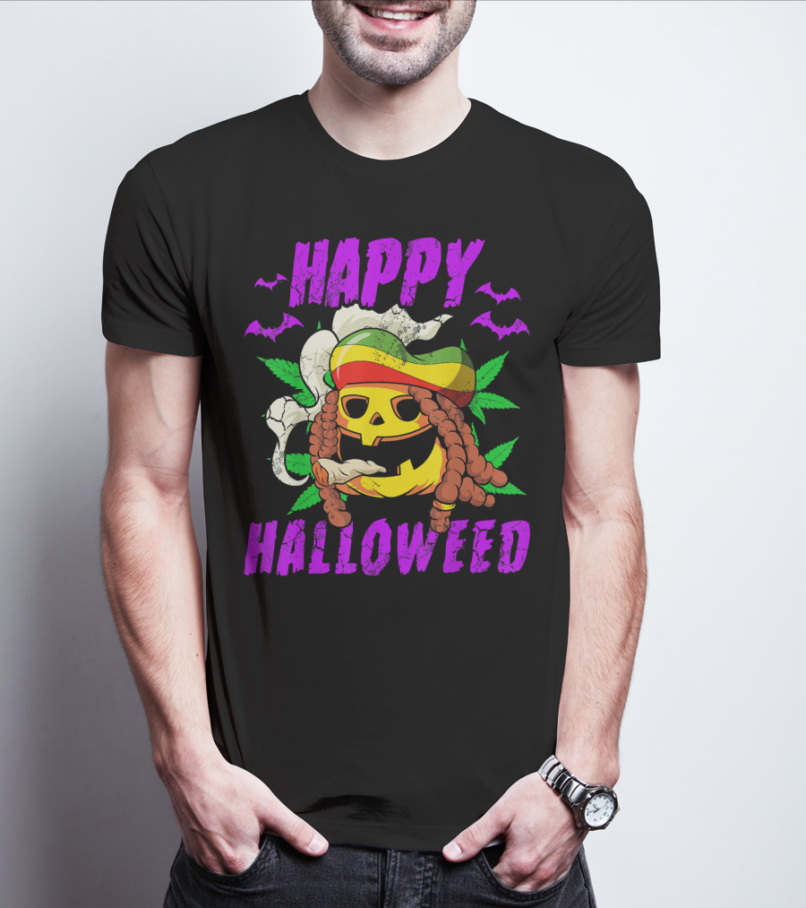 Happy Halloweed Rasta Pumpkin Smoking Weed With Bats And Jamaican Colors T-Shirt