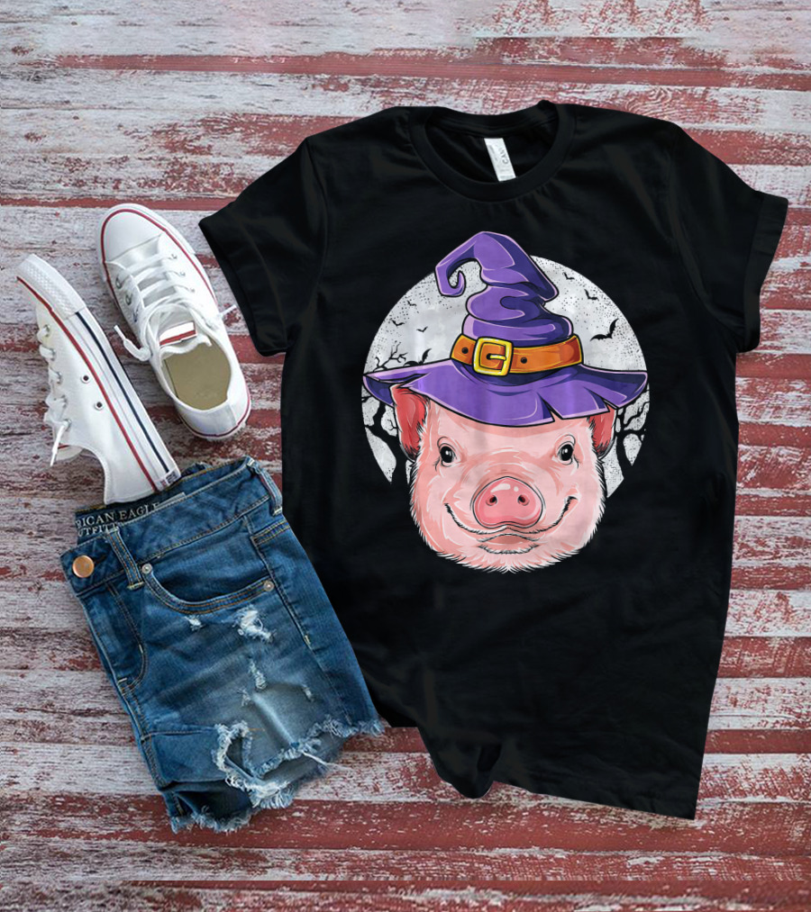 Pig Wearing Purple Witch Hat With Spooky Full Moon And Bats T-Shirt
