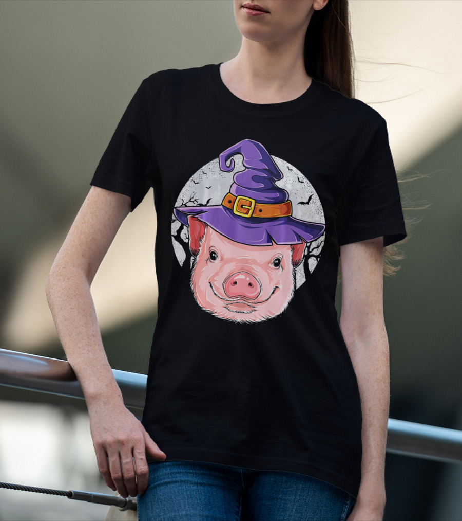 Pig Wearing Purple Witch Hat With Spooky Full Moon And Bats T-Shirt