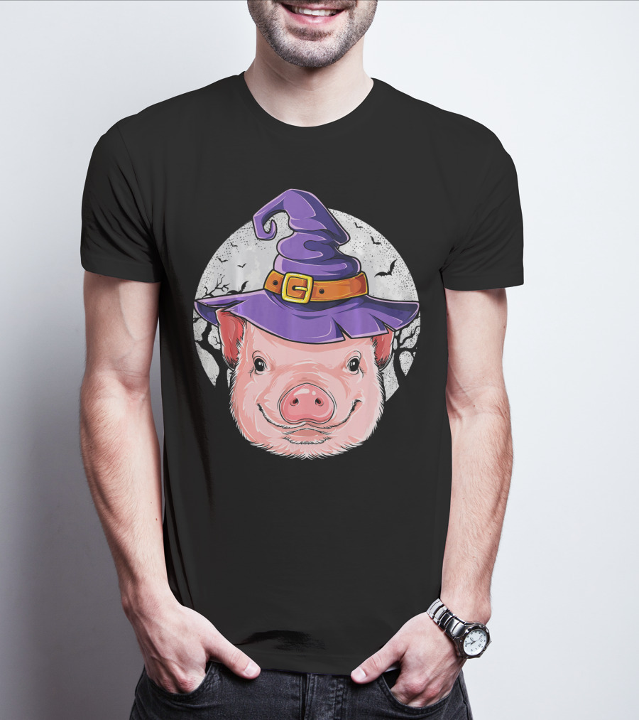 Pig Wearing Purple Witch Hat With Spooky Full Moon And Bats T-Shirt