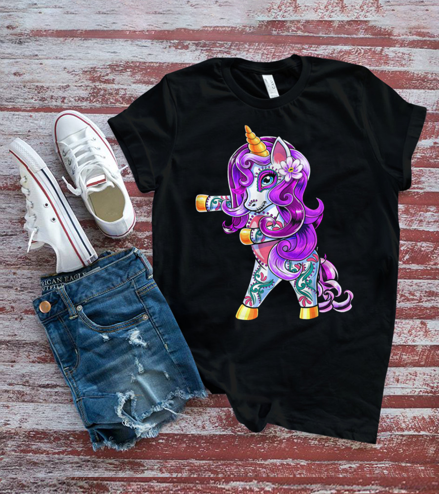 Flossing Unicorn Day Of The Dead Sugar Skull Dance T-Shirt