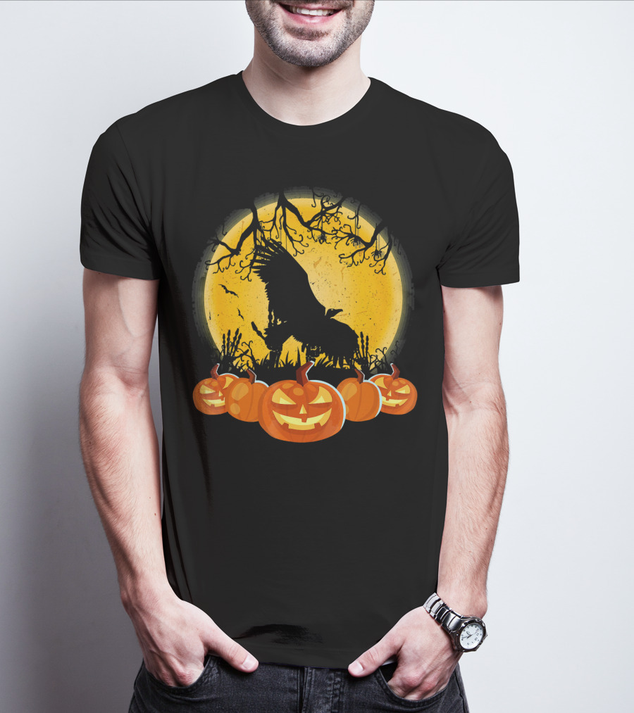 Vulture Silhouette With Pumpkins And Full Moon Halloween Scene T-Shirt
