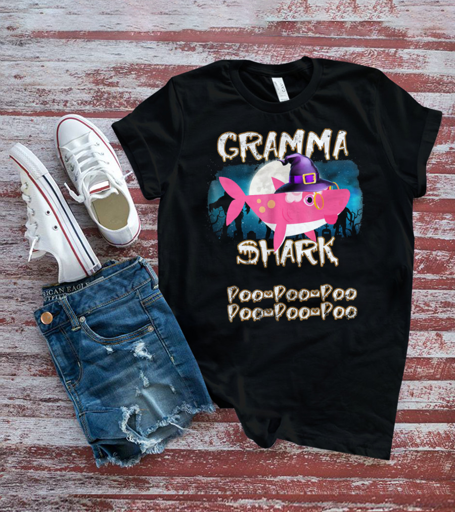 Gramma Shark Doo Doo Doo Halloween Witch Hat And Moon Background T-Shirt