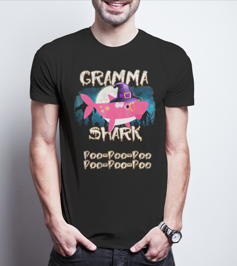 Gramma Shark Doo Doo Doo Halloween Witch Hat And Moon Background T-Shirt