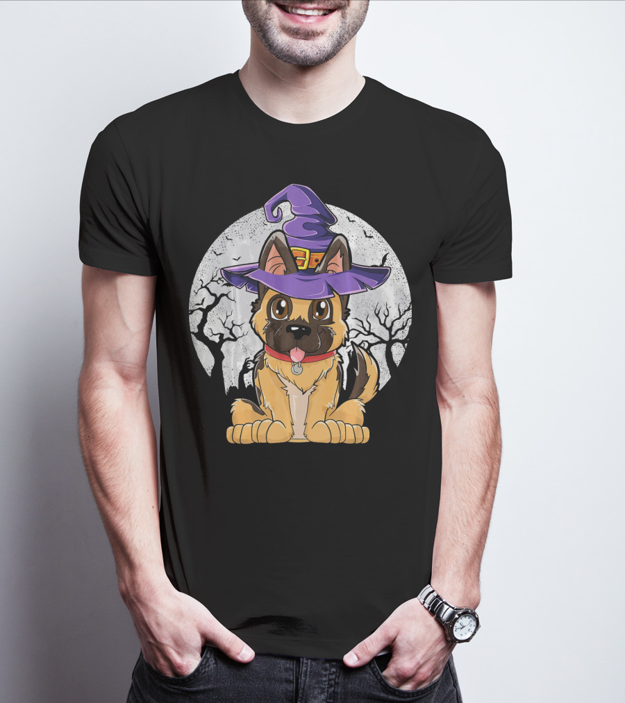 German Shepherd Witch Halloween Moon Background T-Shirt