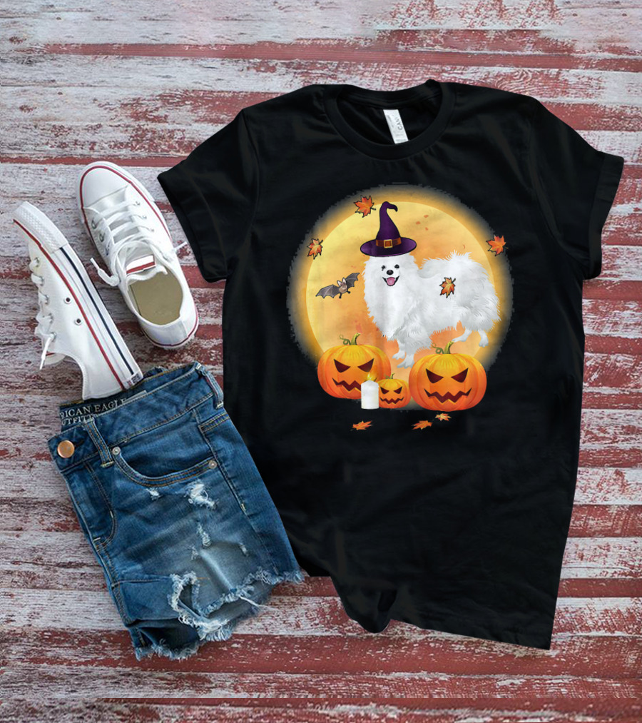 Halloween American Eskimo Dog With Pumpkins And Witch Hat T-Shirt