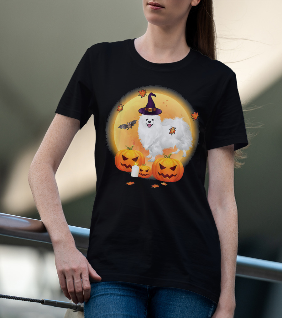 Halloween American Eskimo Dog With Pumpkins And Witch Hat T-Shirt