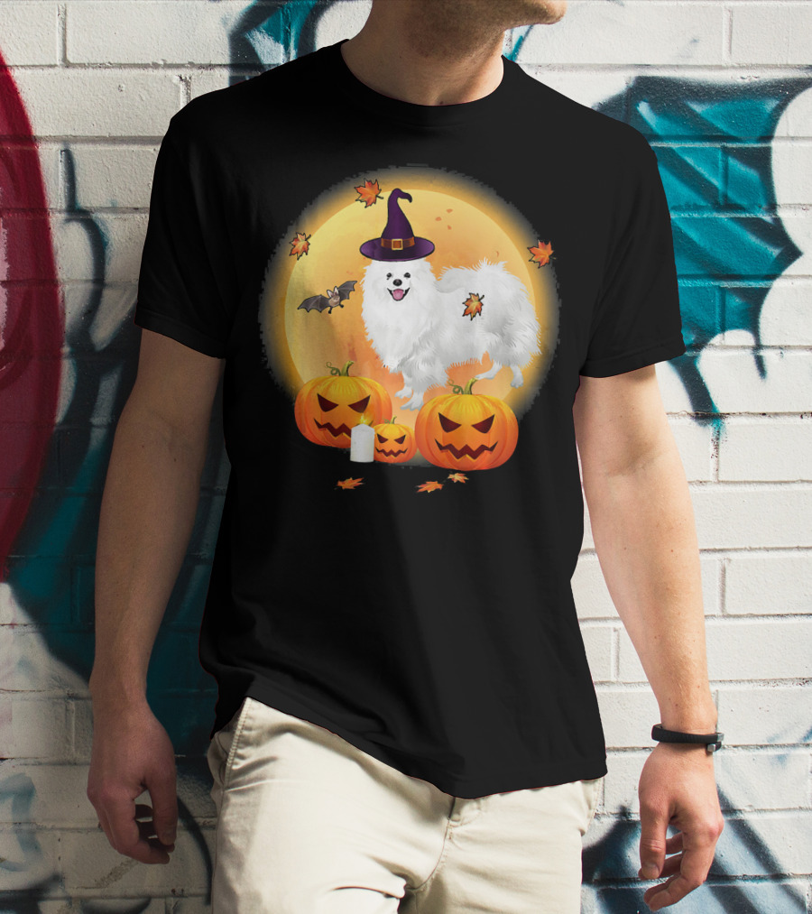 Halloween American Eskimo Dog With Pumpkins And Witch Hat T-Shirt