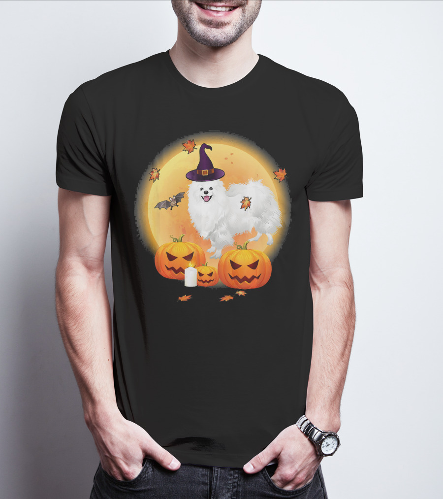 Halloween American Eskimo Dog With Pumpkins And Witch Hat T-Shirt