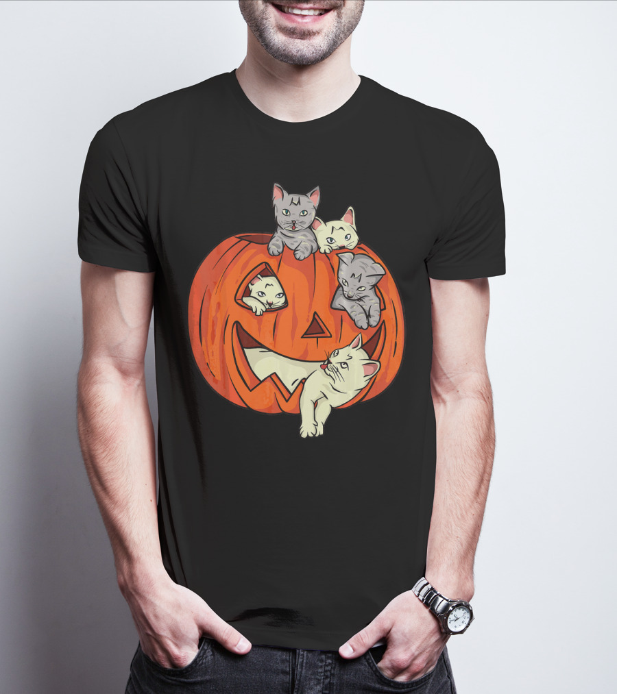 Cats In Jack O Lantern Pumpkin Halloween Scene T-Shirt