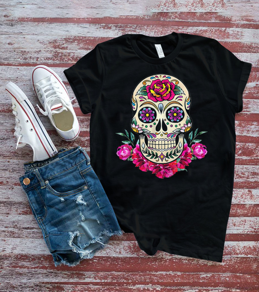 Day Of The Dead Sugar Skull With Vibrant Floral Accents T-Shirt