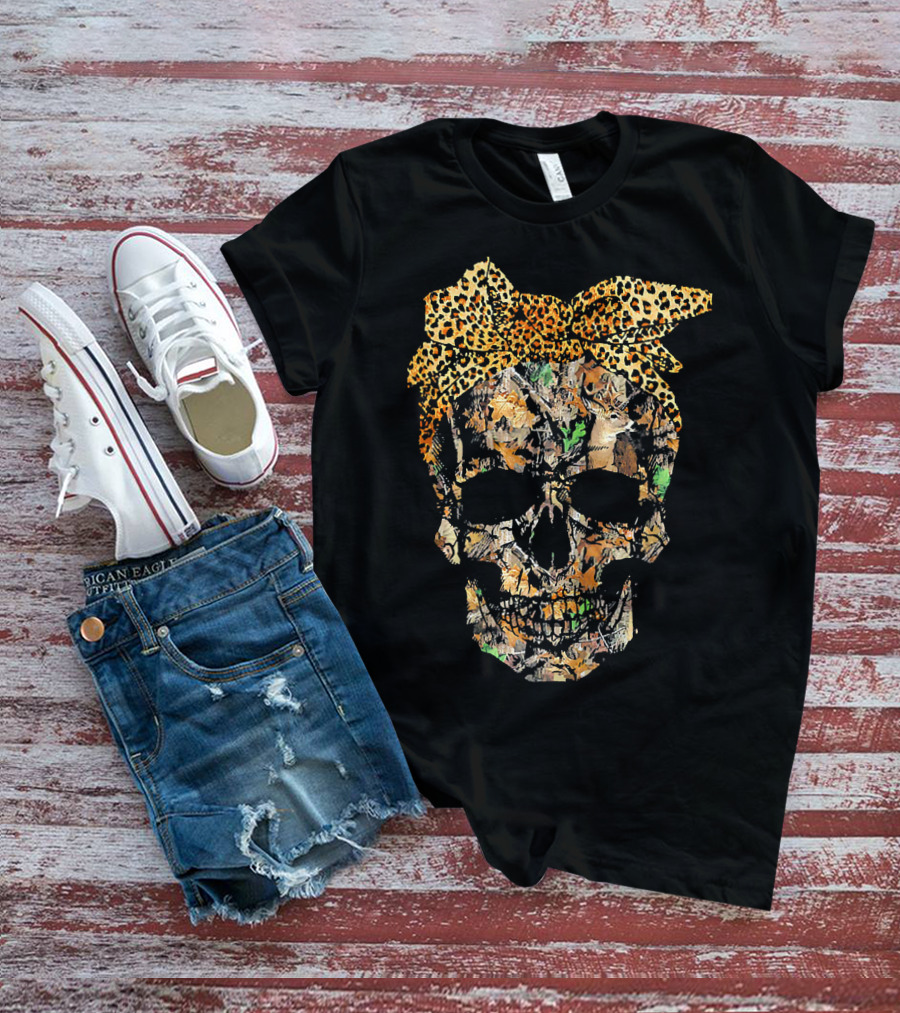 Camouflage Skull With Leopard Print Bow And Hunting Elements T-Shirt
