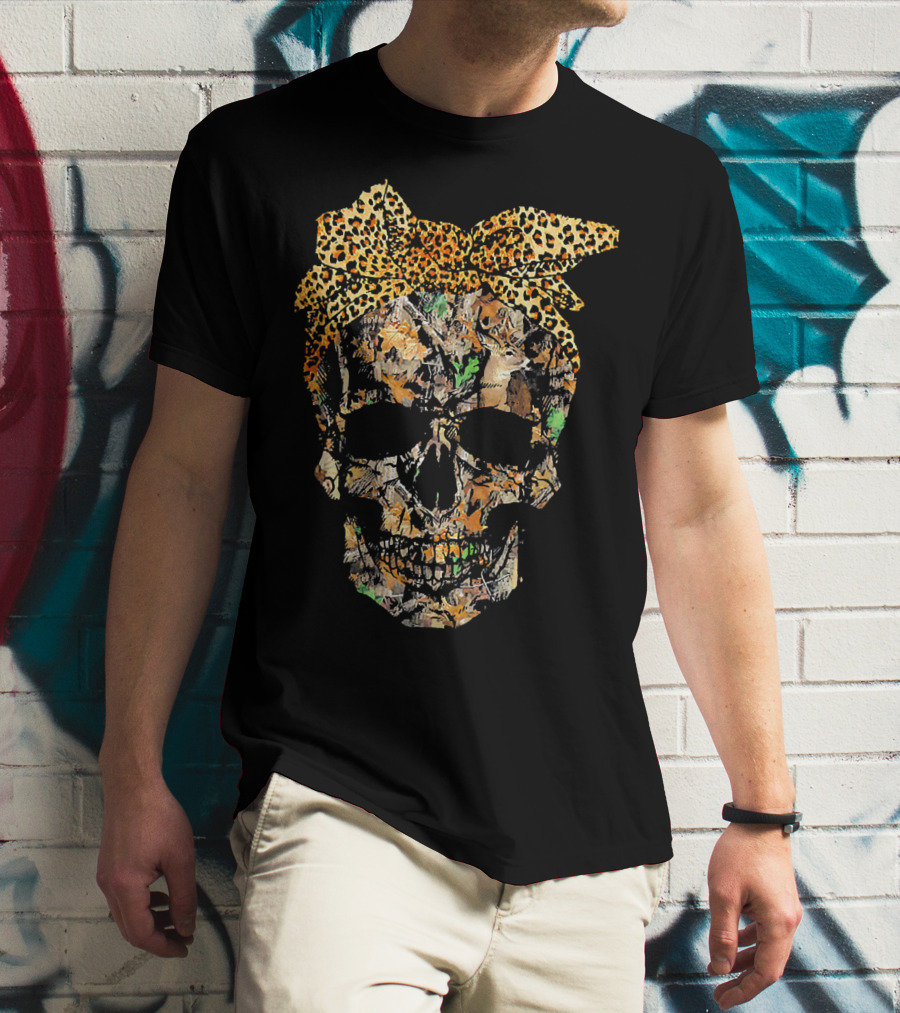 Camouflage Skull With Leopard Print Bow And Hunting Elements T-Shirt
