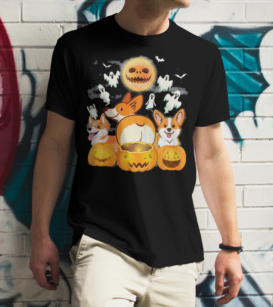 Welsh Corgi Cardigans Pumpkin Ghosts Halloween Team With Spooky Bats T-Shirt
