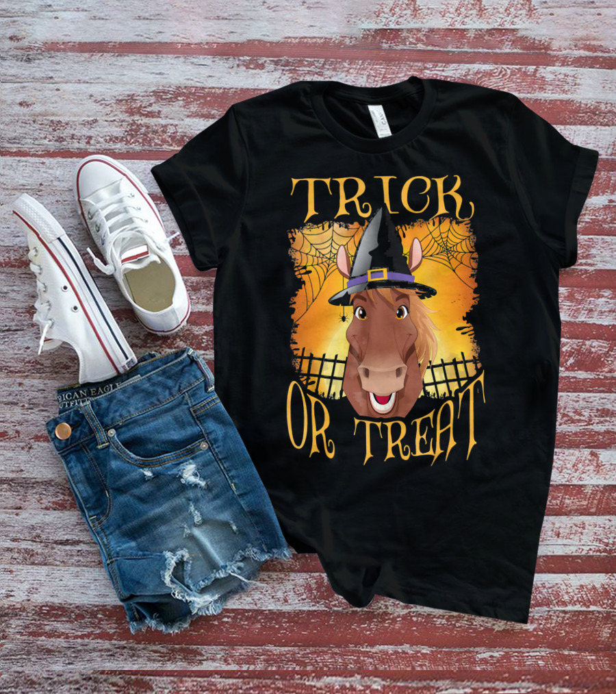 Trick Or Treat Horse With Witch Hat And Spider Web T-Shirt