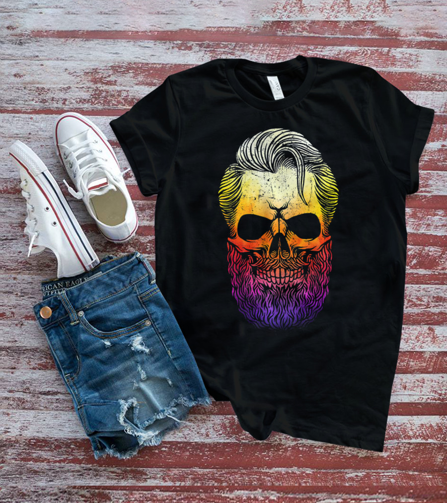 Creepy Bearded Skull With Colorful Gradient For Halloween And Ske T-Shirt