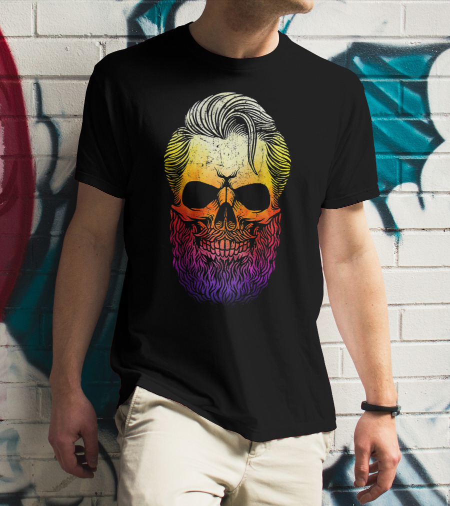 Creepy Bearded Skull With Colorful Gradient For Halloween And Ske T-Shirt