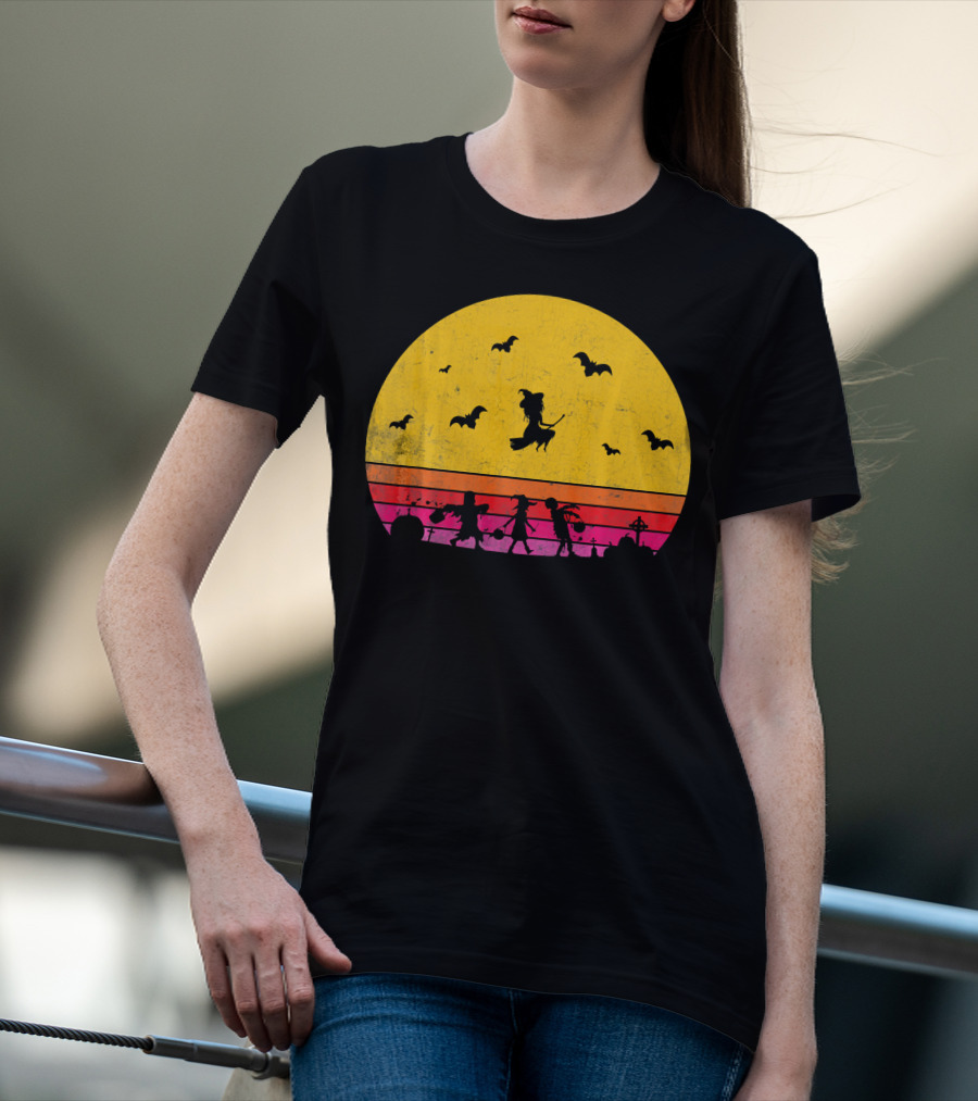 Horror Halloween Sunset Witch Bats Vintage T-Shirt
