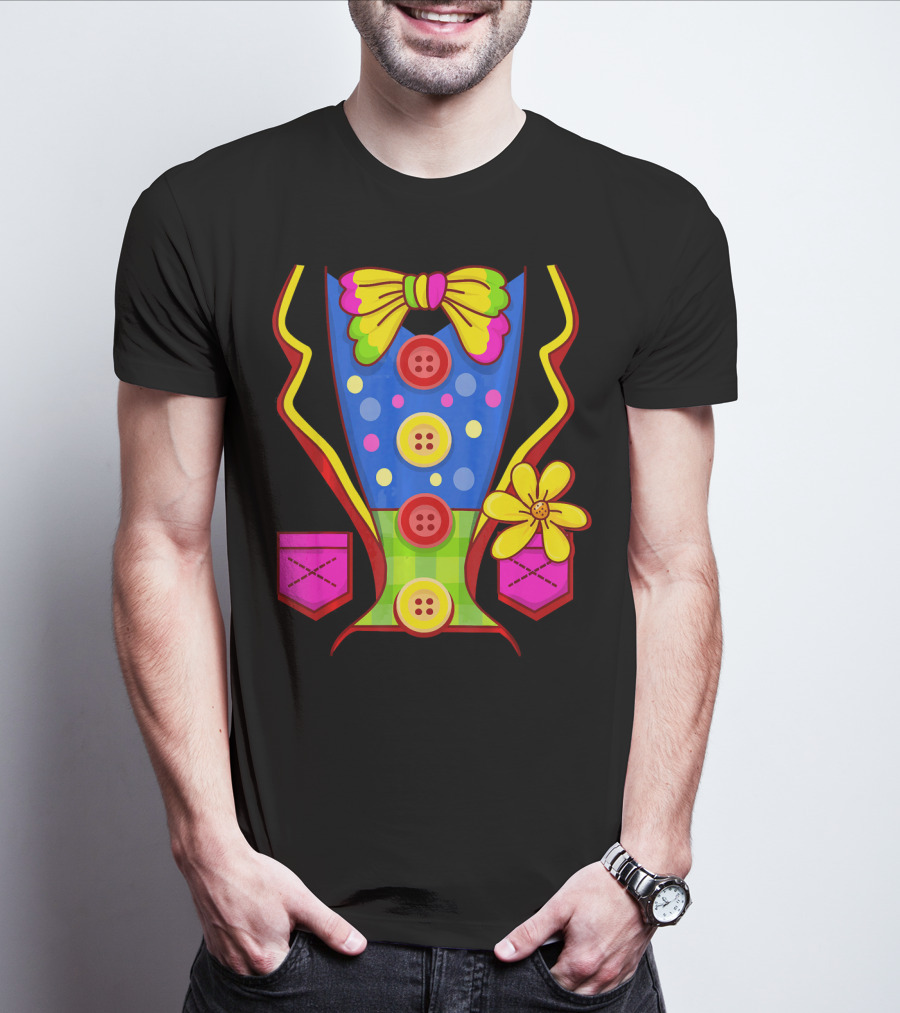 Clown Colorful Bow Tie And Buttons Outfit With Flower Pockets T-Shirt