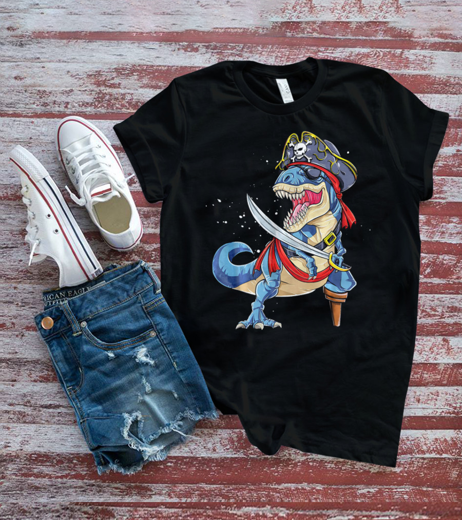 T-Rex Pirate Jolly Roger Dinosaur With Peg Leg And Sword T-Shirt