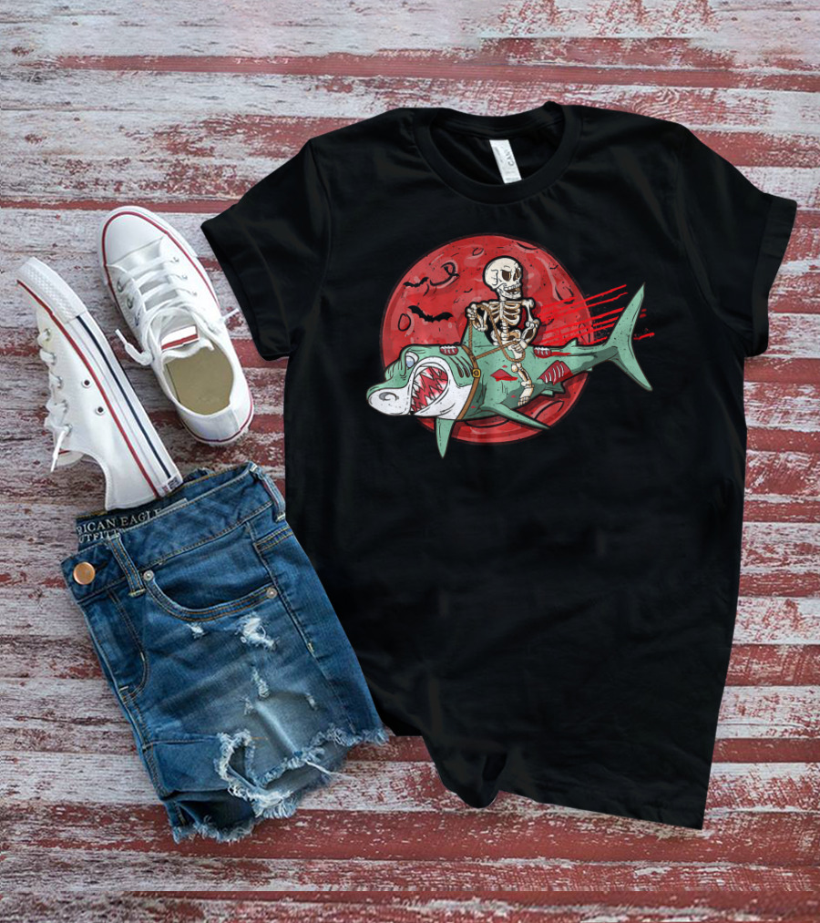 Skeleton Riding Shark Zombie With Red Moon And Bats T-Shirt