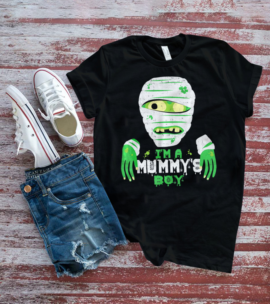 Creepy I'm A Mummy's Boy Green Cartoon Mummy Face And Hands T-Shirt
