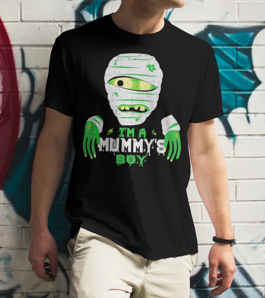 Creepy I'm A Mummy's Boy Green Cartoon Mummy Face And Hands T-Shirt