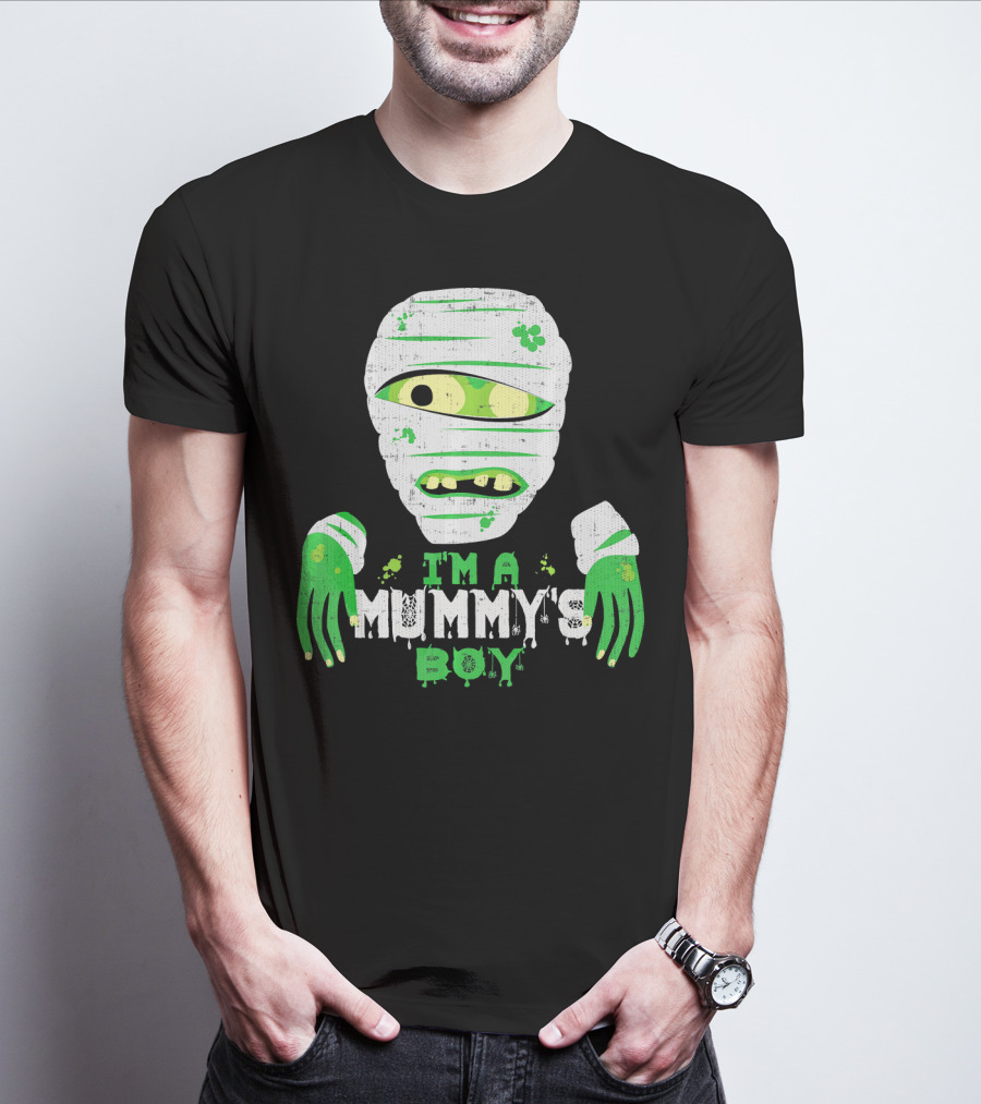 Creepy I'm A Mummy's Boy Green Cartoon Mummy Face And Hands T-Shirt