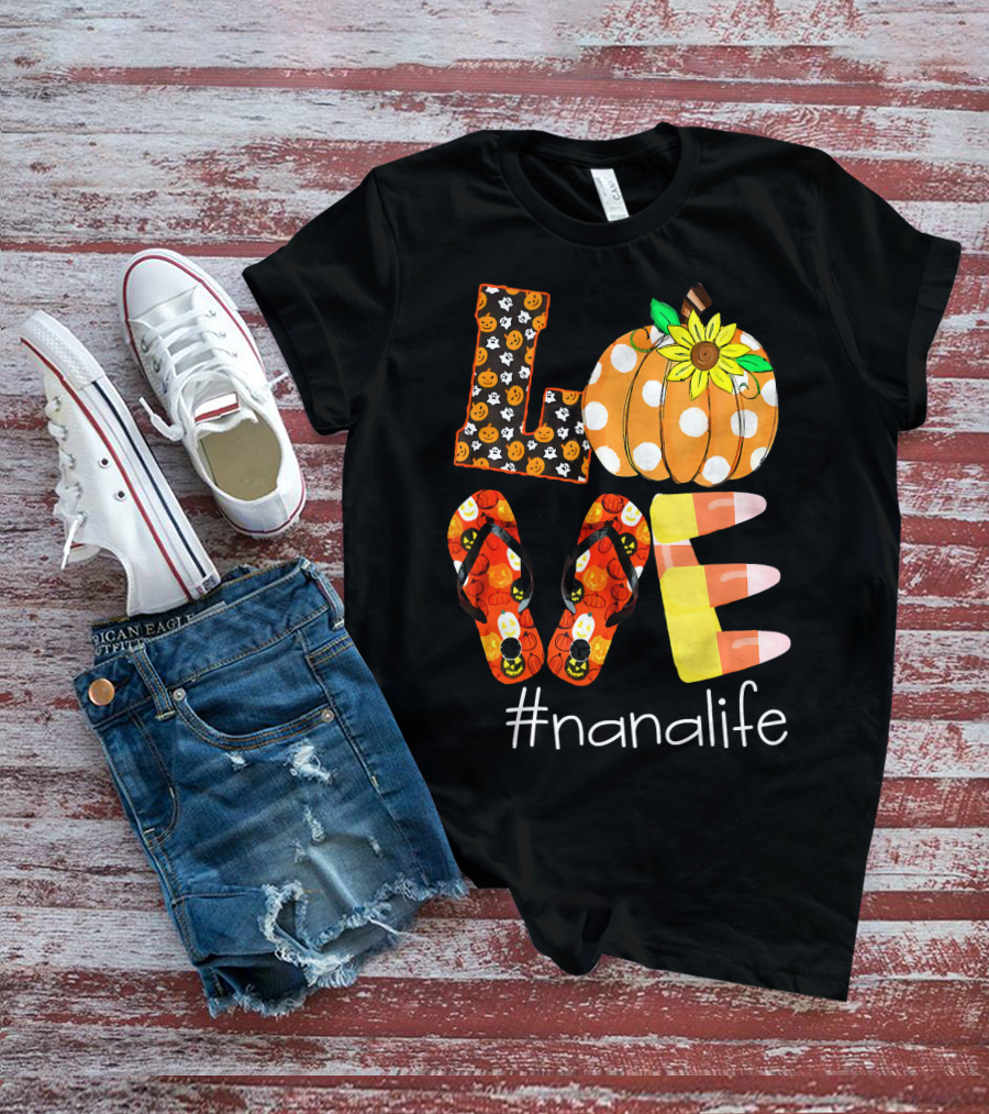 Nanalife Funny Love Pumpkin Flip Flops Halloween Candy Corn And Sunflower T-Shirt