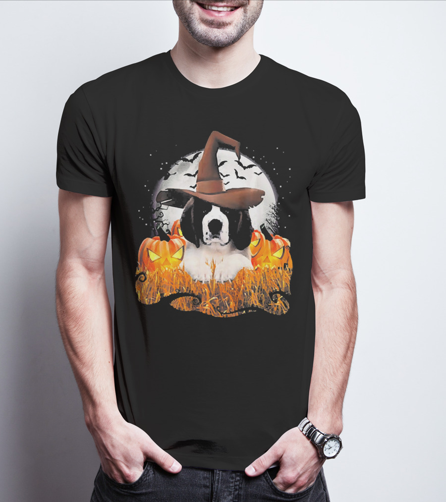 Cute Saint Bernard Dog Witch With Pumpkins And Full Moon T-Shirt