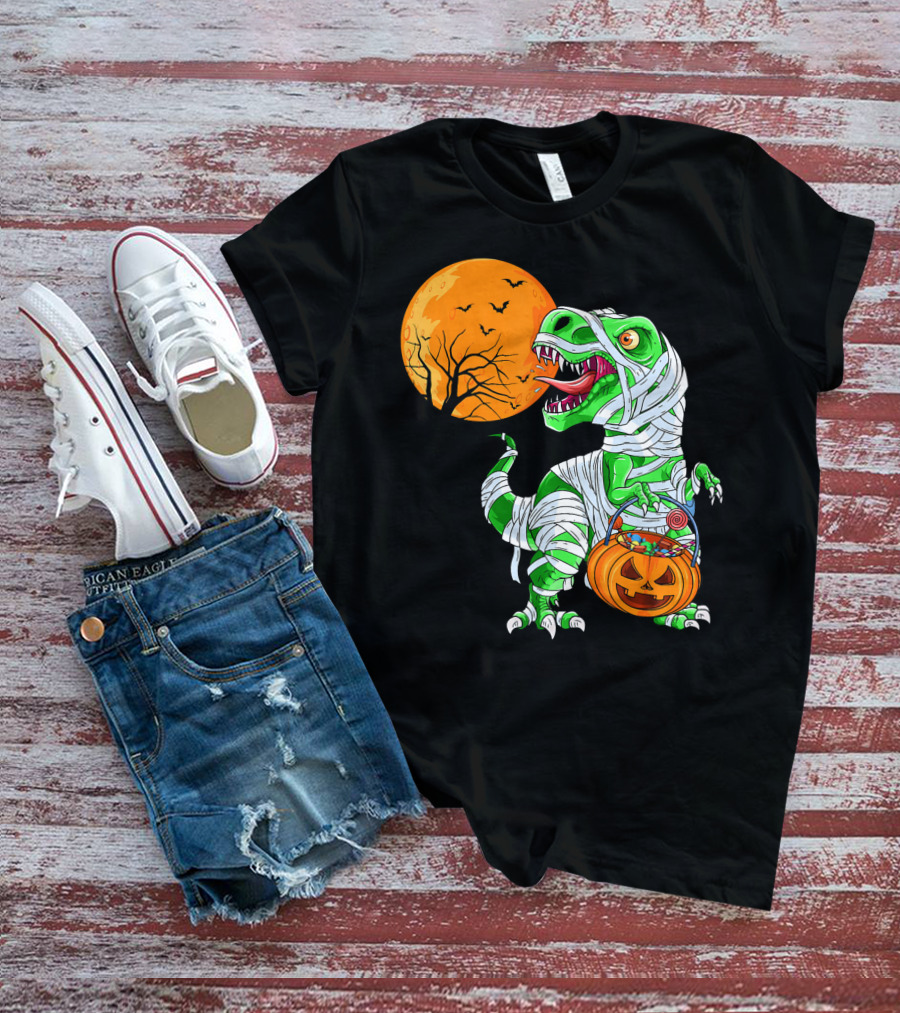 Halloween Mummy T Rex With Pumpkin Candy Under Full Moon T-Shirt