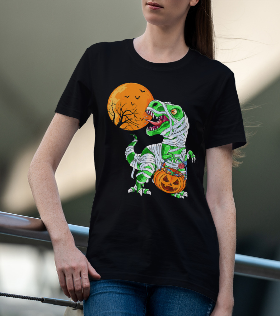 Halloween Mummy T Rex With Pumpkin Candy Under Full Moon T-Shirt