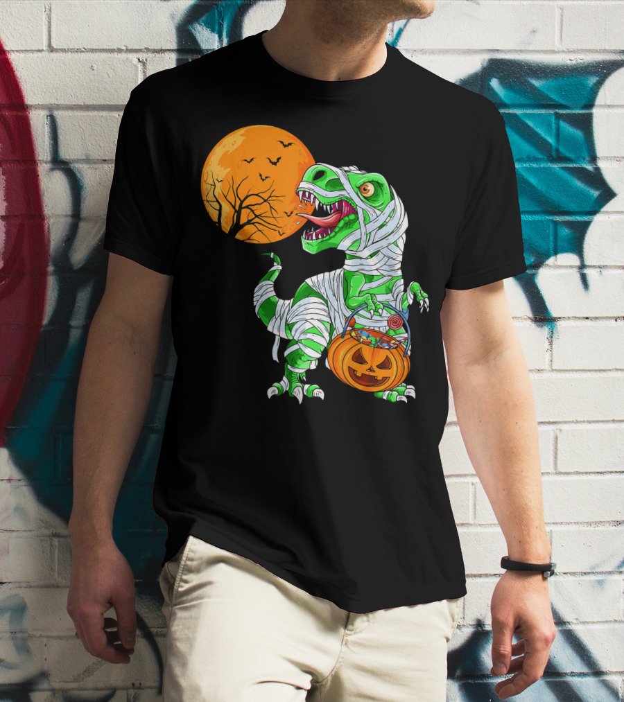 Halloween Mummy T Rex With Pumpkin Candy Under Full Moon T-Shirt