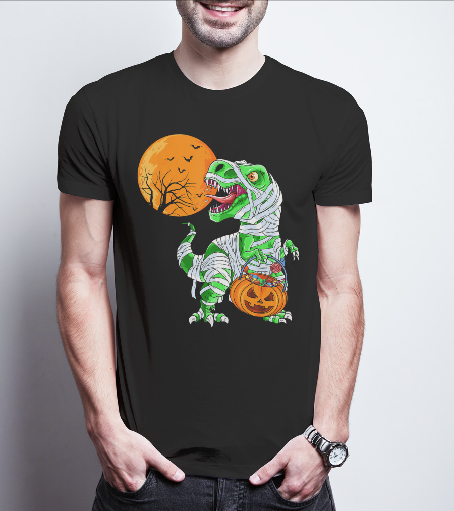 Halloween Mummy T Rex With Pumpkin Candy Under Full Moon T-Shirt