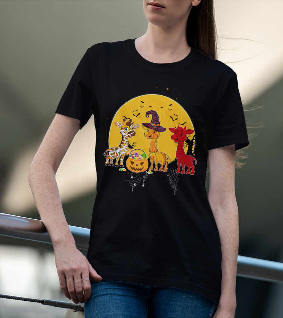 Three Giraffes Halloween Moon Mummy Witch Devil T-Shirt