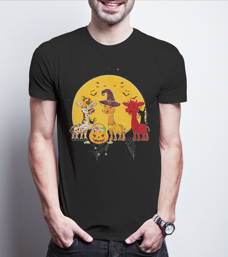 Three Giraffes Halloween Moon Mummy Witch Devil T-Shirt