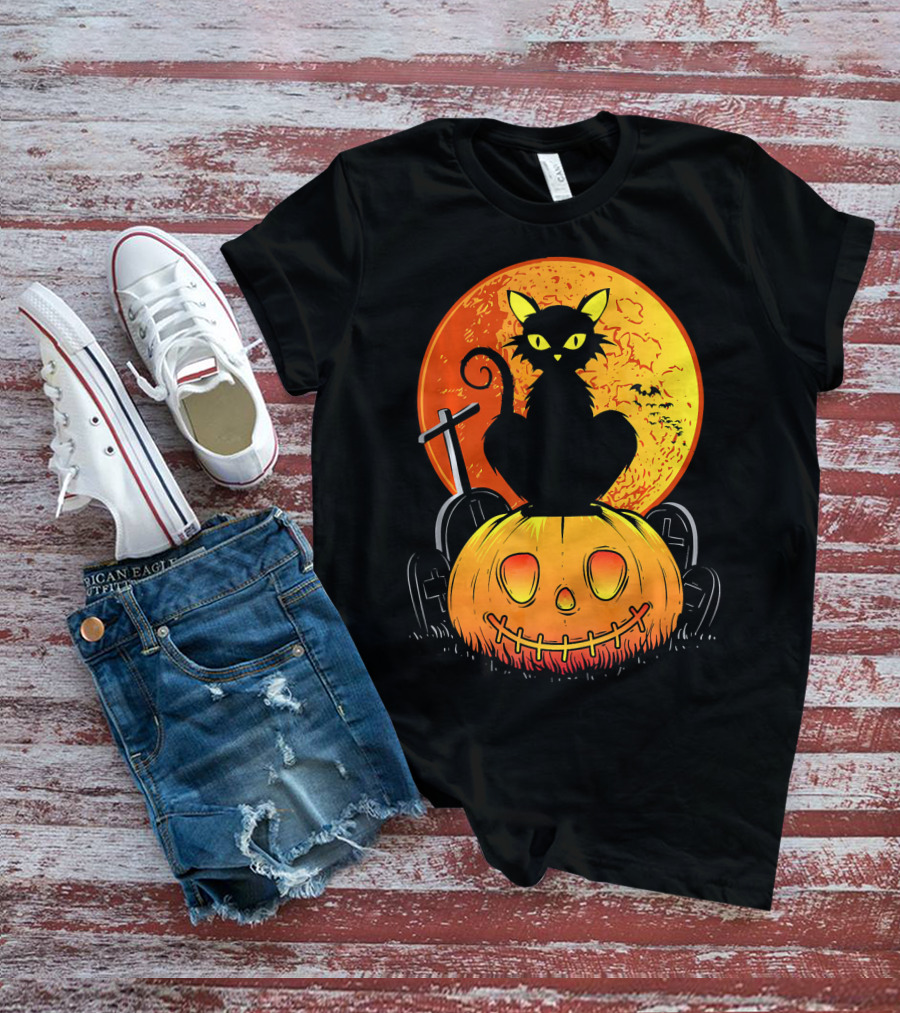 Halloween Black Cat On Pumpkin With Full Moon And Graveyard T-Shirt