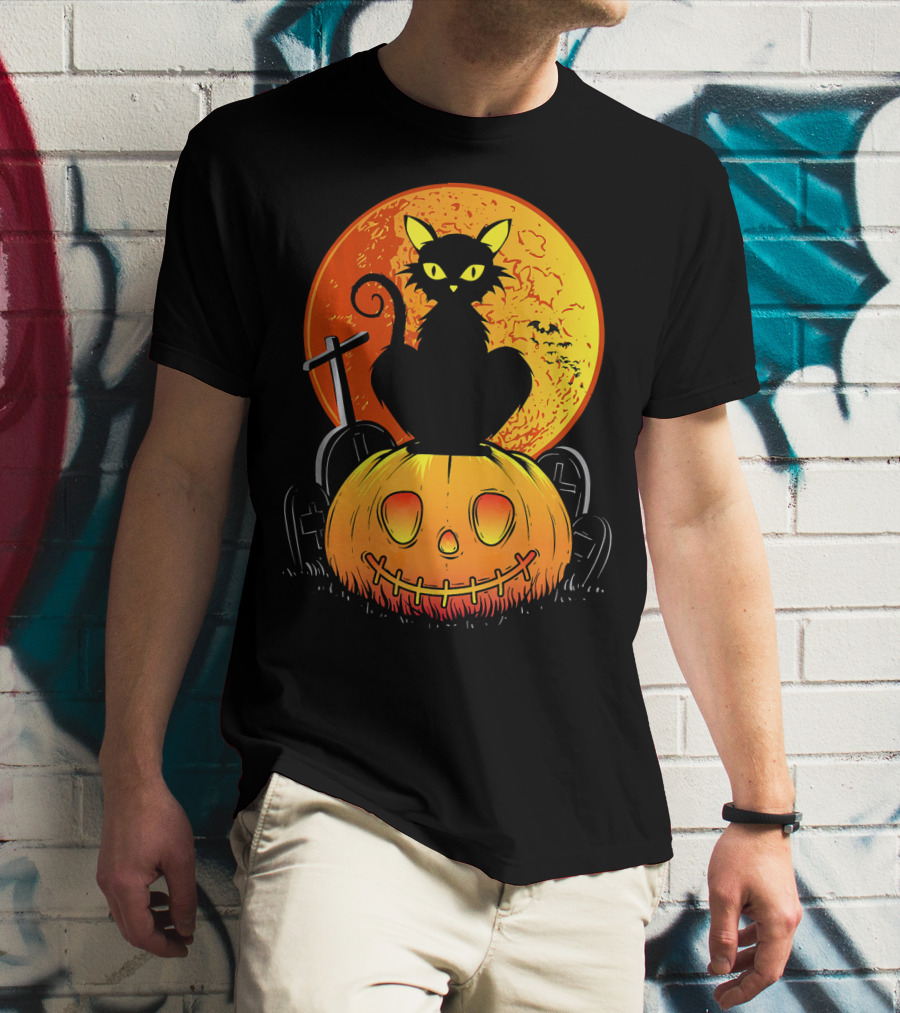 Halloween Black Cat On Pumpkin With Full Moon And Graveyard T-Shirt