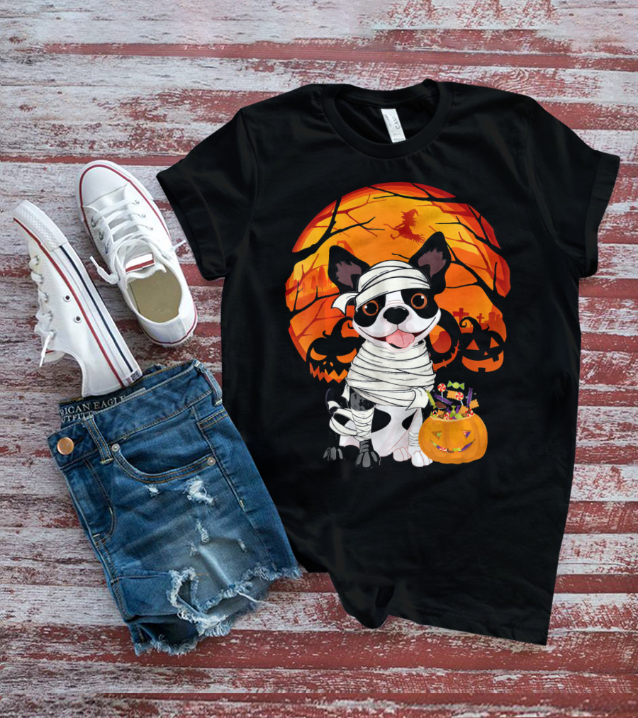 Halloween Kids Boston Terrier Mummy With Pumpkin And Witch T-Shirt