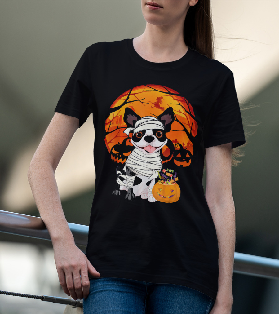 Halloween Kids Boston Terrier Mummy With Pumpkin And Witch T-Shirt
