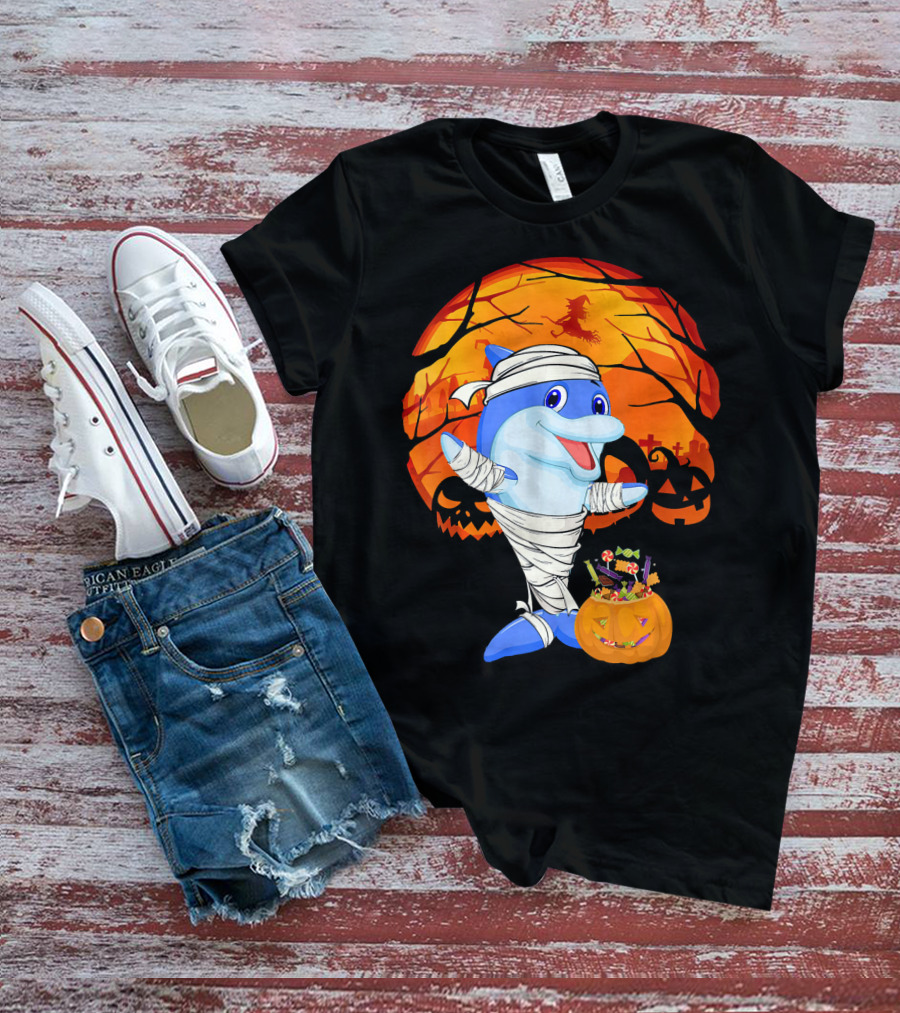 Halloween Dolphin Mummy With Candy Pumpkin And Witch Full Moon T-Shirt