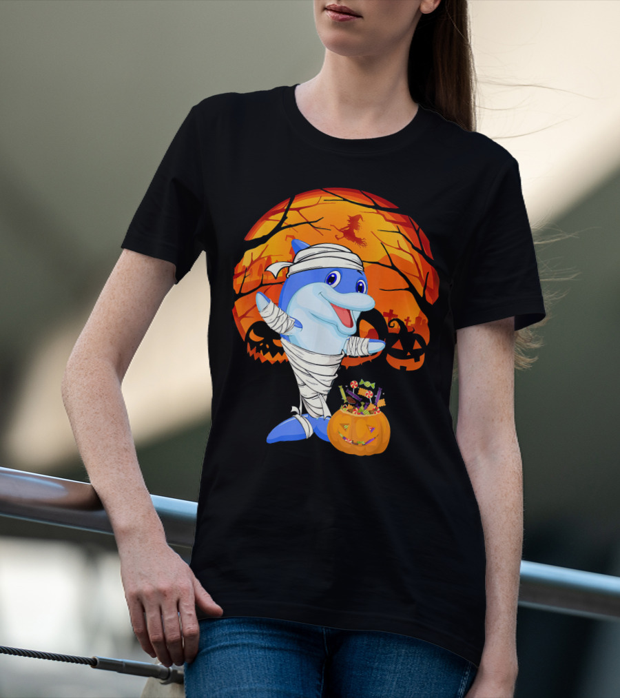 Halloween Dolphin Mummy With Candy Pumpkin And Witch Full Moon T-Shirt