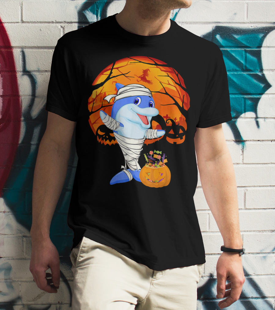 Halloween Dolphin Mummy With Candy Pumpkin And Witch Full Moon T-Shirt