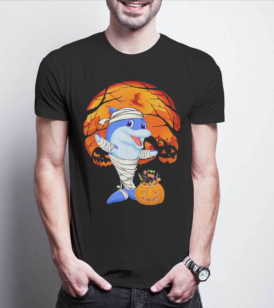 Halloween Dolphin Mummy With Candy Pumpkin And Witch Full Moon T-Shirt