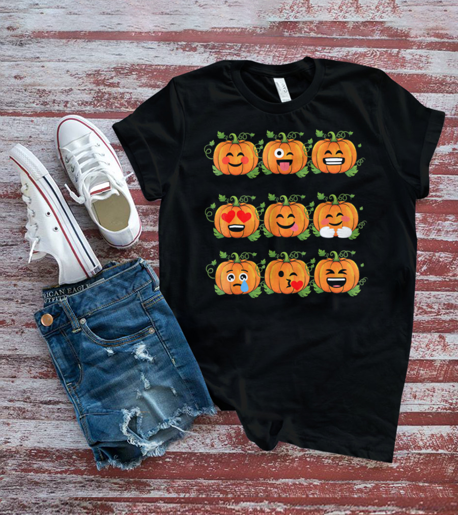 Pumpkin Emoji Faces Smiling Laughing Heart Eyes Winking Funny Expressions T-Shirt