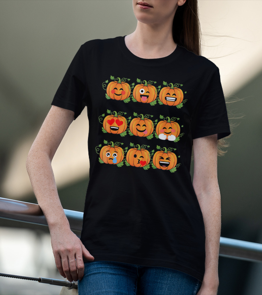 Pumpkin Emoji Faces Smiling Laughing Heart Eyes Winking Funny Expressions T-Shirt